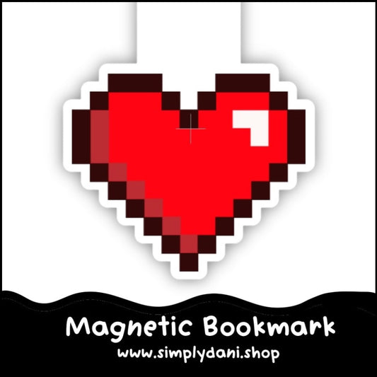 Pixelated heart-shaped magnetic bookmark with 'Magnetic Bookmark' text and website URL on a white background.