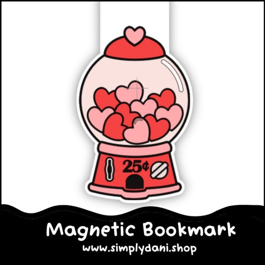 Magnetic bookmark with a gumball machine design filled with heart shapes, brand 'Simplydani.shop' visible.