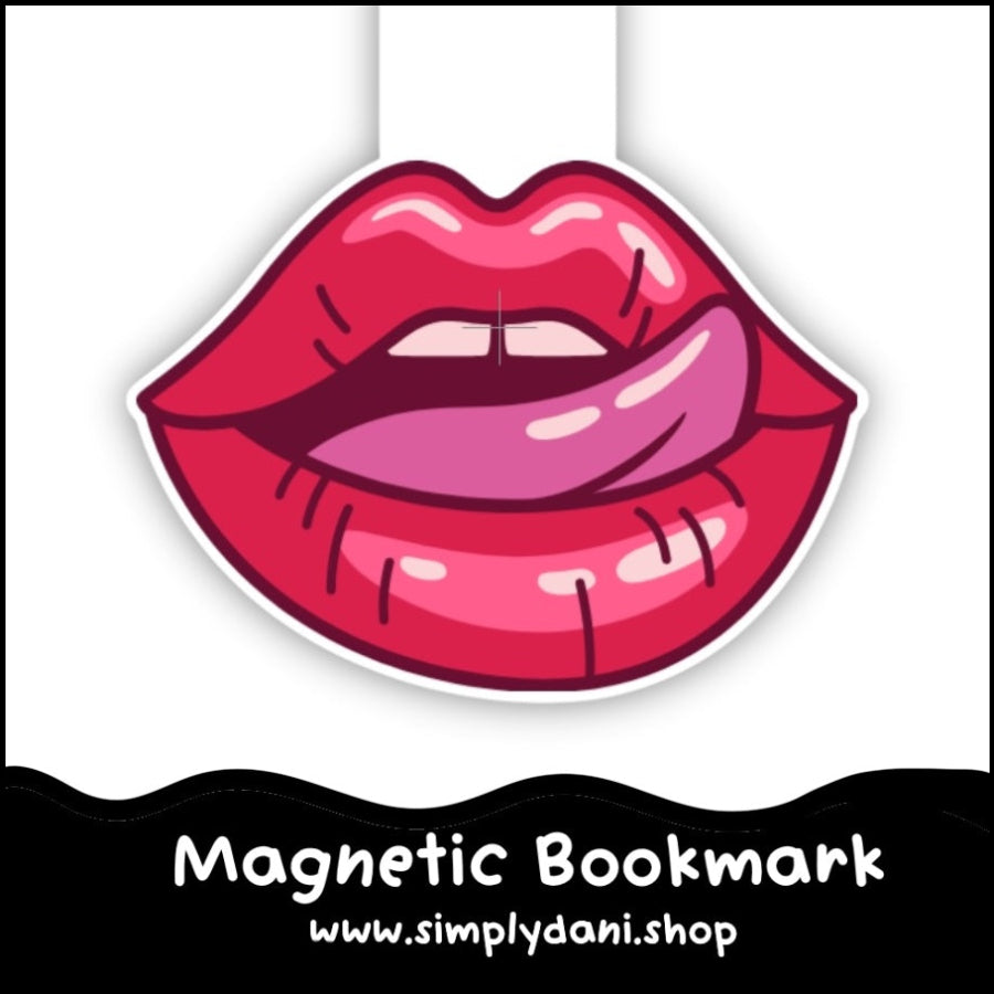 Magnetic bookmark with a design of red lips on a white background, featuring the brand 'Simplydani.shop'.