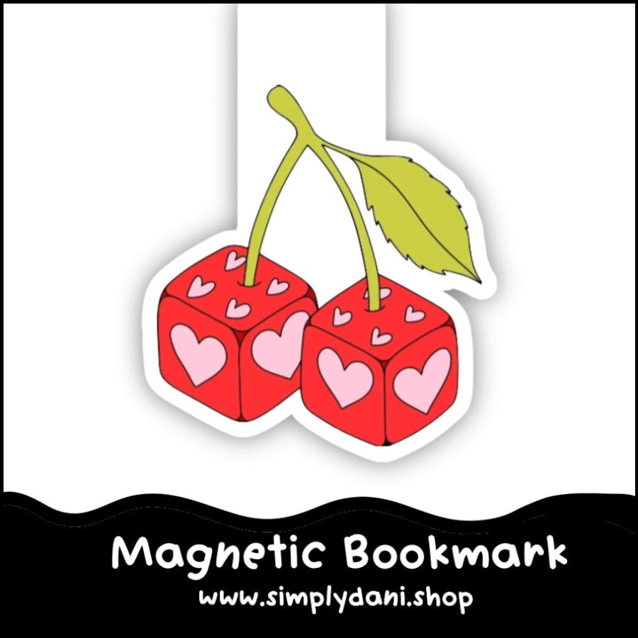 Magnetic bookmark shaped like cherries with hearts on a white background