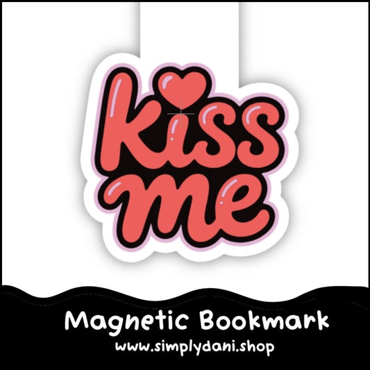 Magnetic bookmark with 'kiss me' text and heart symbol on a white background