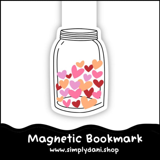 Magnetic bookmark with a jar of hearts design on a white background