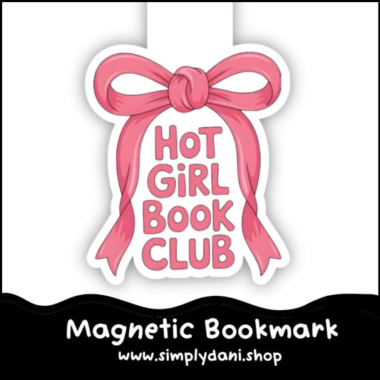 Magnetic bookmark with pink bow and 'Hot Girl Book Club' text on a white background